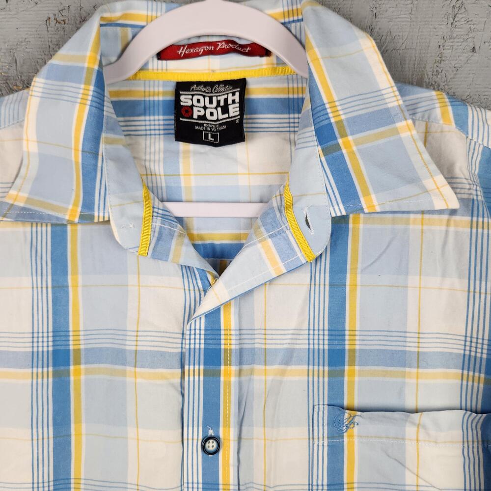 Vintage Southpole Shirt Mens Large Blue Yellow Plaid Pocket Logo Streetwear Y2k